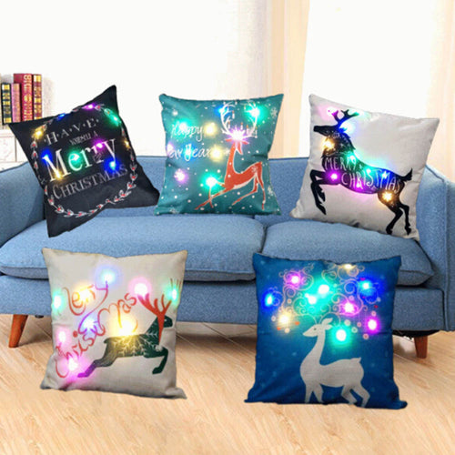 New Christmas Cartoon Creative elk pattern LED light series Flax Cushion Cover Home Decorative Waist Pillow Case Sofa Chair