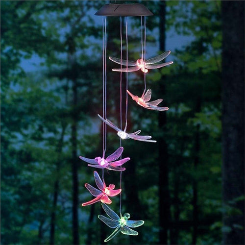 Solar Mobile LED Light Color Changing Wind Chimes Dragonfly Pendant Aeolian Bell Yard Garden Wind Chimes Lamp Accessories Home Decor